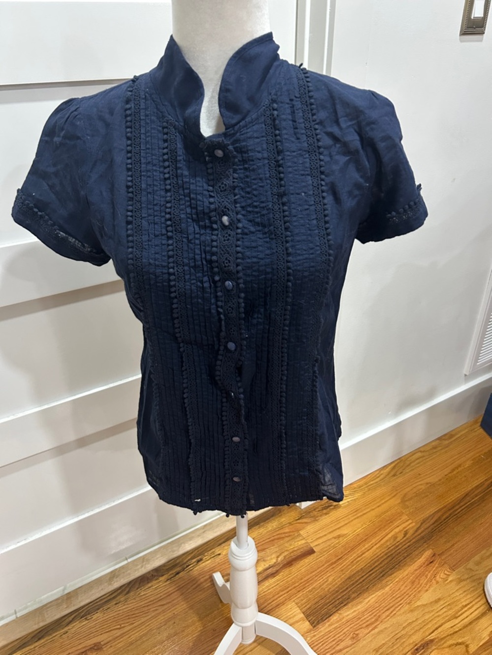 J. Crew Navy Pintuck & Lace Trim Short-Sleeve Blouse